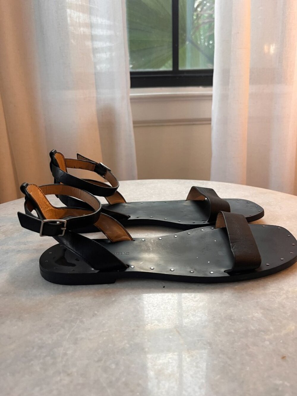 Banana Republic Black Leather Studded Flat Sandal Ankle Strap | 7